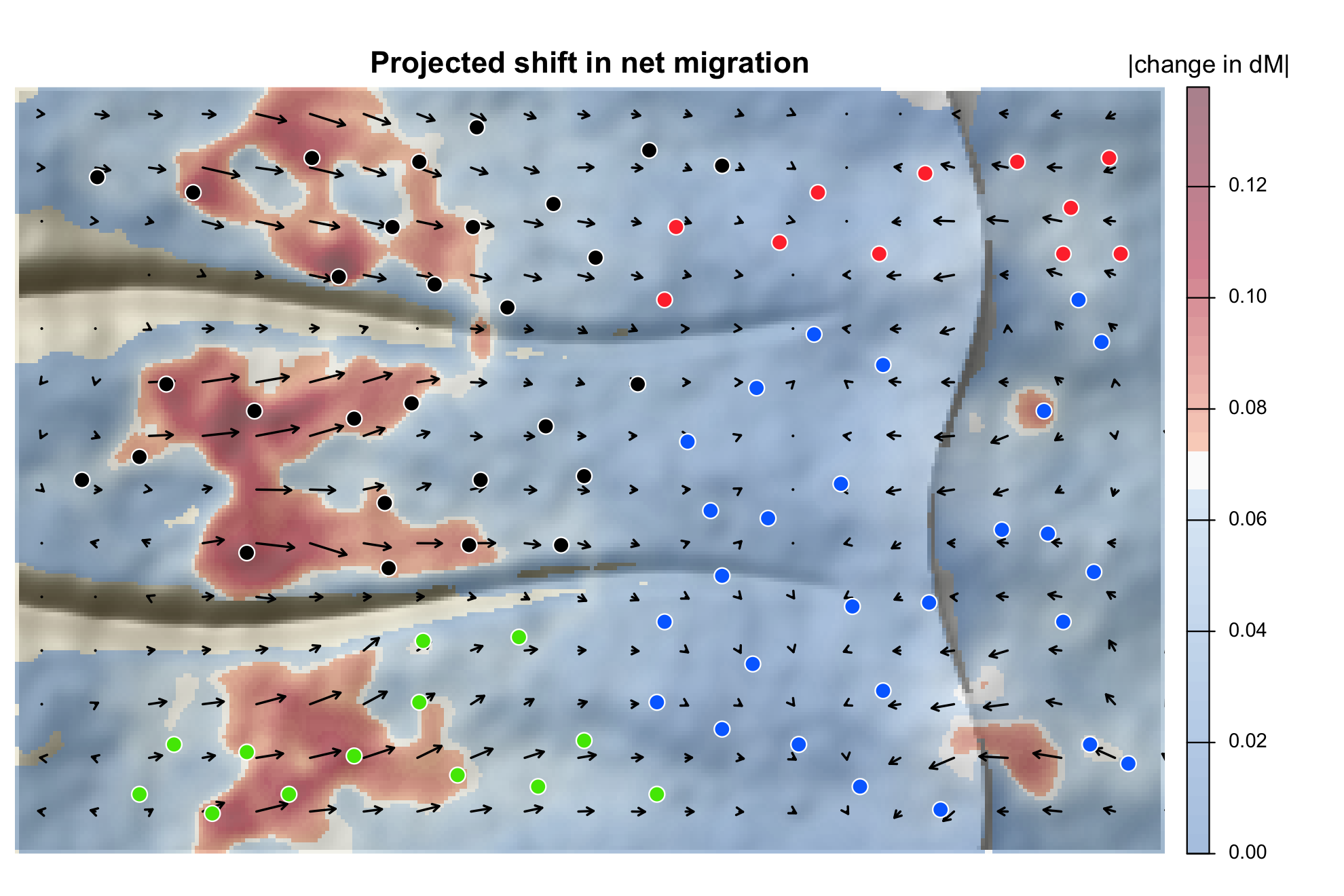 Projected shift in net migration: low meadows are pushed upslope, the crest is a refuge