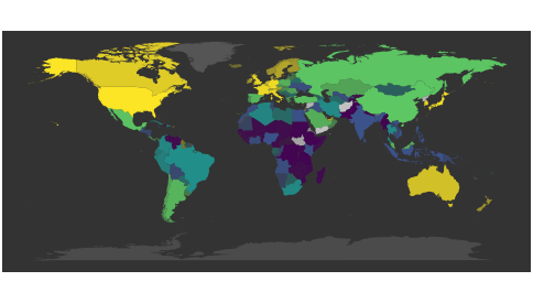 Value-by-alpha map: GDP per capita in colour, population as opacity, over a dark background